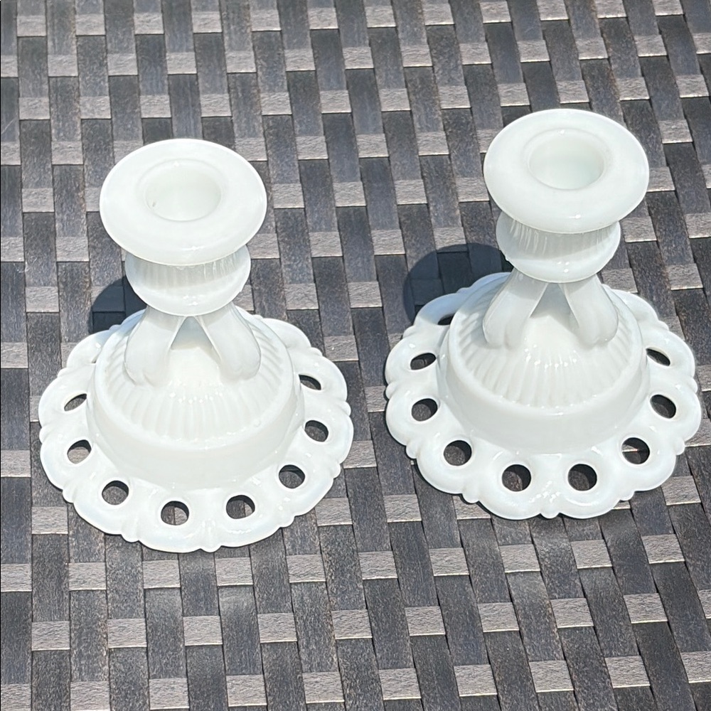Vintage 50s Westmoreland Milk Glass Doric Open Lace Taper Candlesticks Set